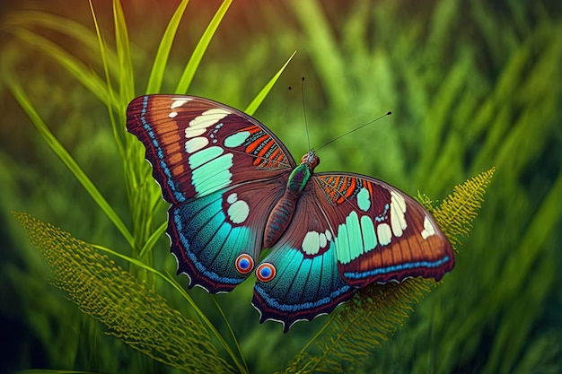 Grande borboleta tropical sentada no campo de grama verde com flores