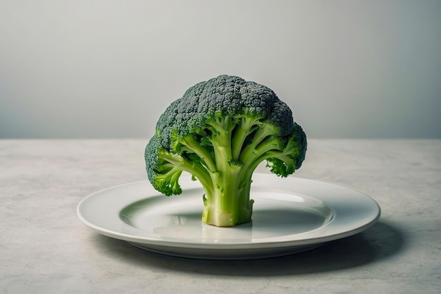 Grande brócolis verde fica em um prato branco vazio em uma mesa de mármore comida saudável e morrer
