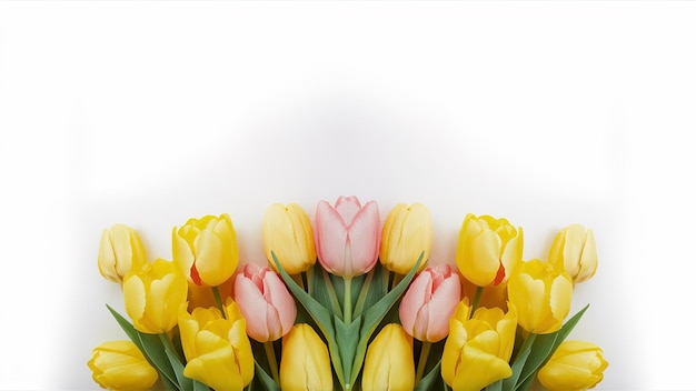 Grande buquê de amarelo com tulipas cor-de-rosa em fundo branco