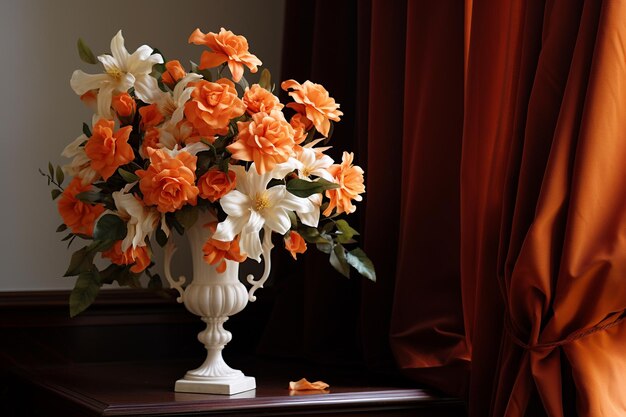 Grande buquê de flores de laranja em pedestal com sala de espaço de cópia com tulipas frescas