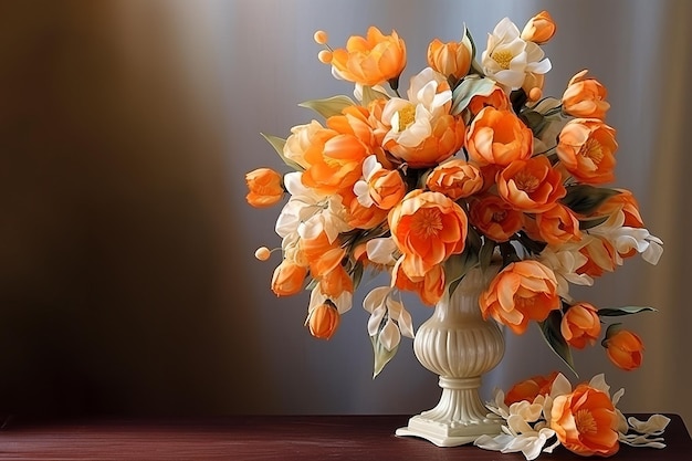 Grande buquê de flores laranjas em pedestal com sala de espaço de cópia com tulipas frescas