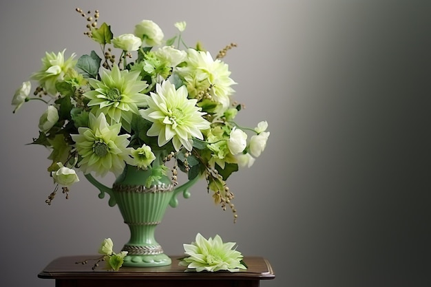 Grande buquê de flores verdes em pedestal com sala de espaço de cópia com dália fresca