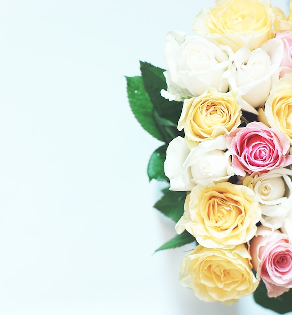 Grande buquê de muitas lindas rosas multicoloridas em um fundo branco.