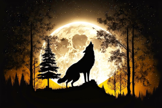 Grande cabeça de lobo cinza uivando para a lua na floresta