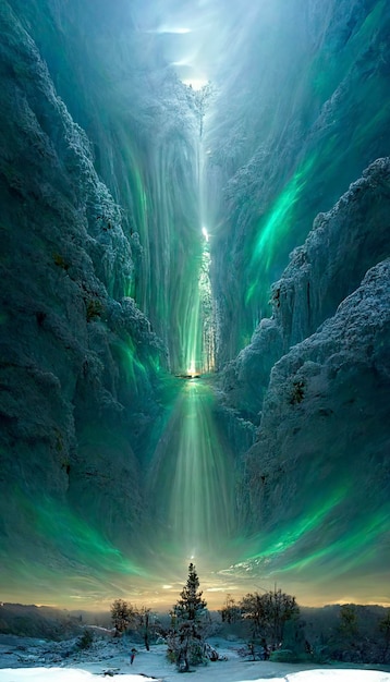 Grande cachoeira no meio de uma floresta coberto de neve