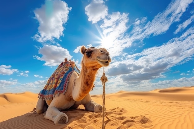 Grande camelo no deserto Dia quente e ensolarado Generative AI