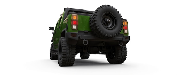 Grande caminhonete off-road verde para o campo ou expedições em fundo branco isolado. ilustração 3d.