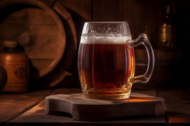 Foto grande caneca de cerveja em tábua de madeira gerar ai