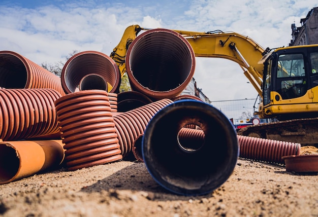 Grande canteiro de obras com tubos e fios na área de construção