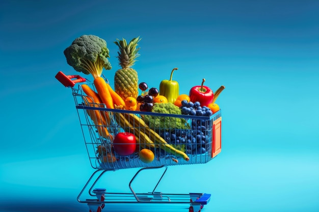 Grande carrinho de compras com legumes e frutas no fundo azul