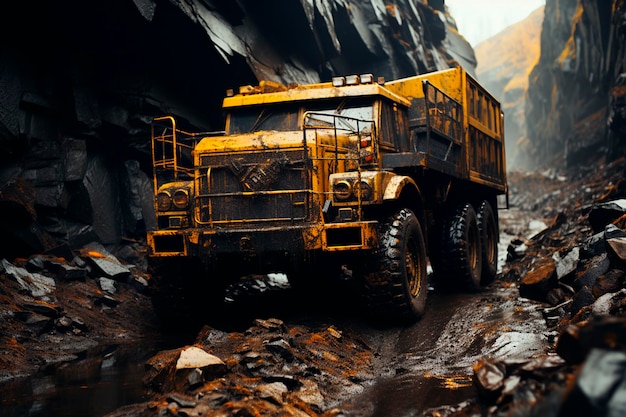 Grande carro de despejo na montanha