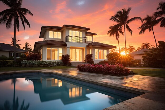 Grande casa de campo com piscina e palmeiras em torno de um fundo de pôr-do-sol