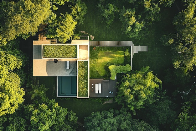 Grande casa de campo moderna vista aérea terraço design de paisagem arbustos árvores pedra natural estilo minimalismo