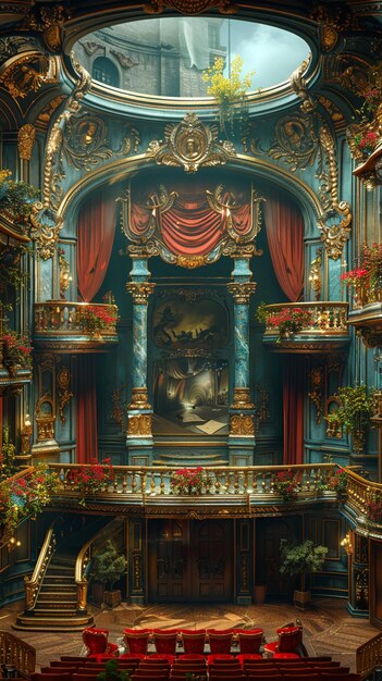 Foto grande casa de ópera com detalhes opulentos e um palco majestoso hiperrealista