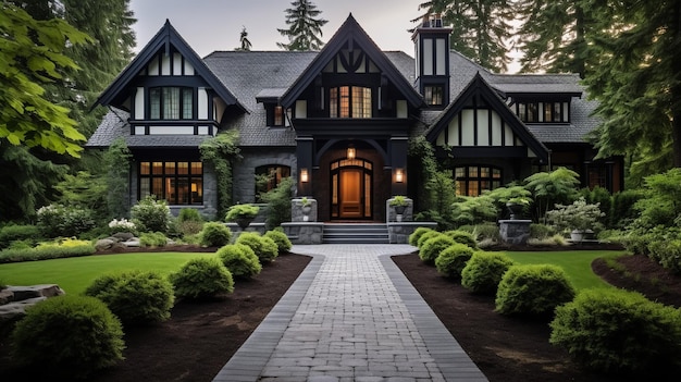 Grande casa elegante com sebes perenes e janelas de dormer