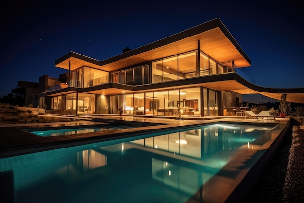 Grande casa moderna com iluminação e piscina à noite IA generativa