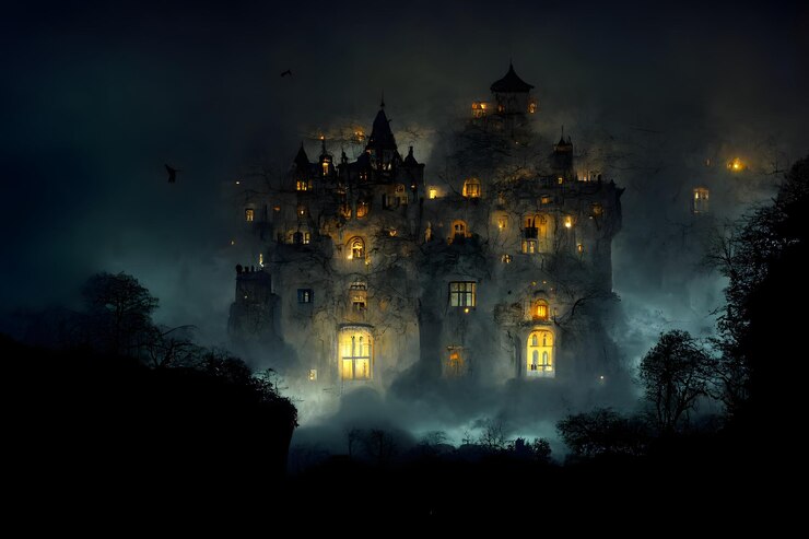 Foto grande castelo assombrado com muitas janelas iluminadas na arte gerada pela rede neural da noite escura e enevoada assustadora do dia das bruxas