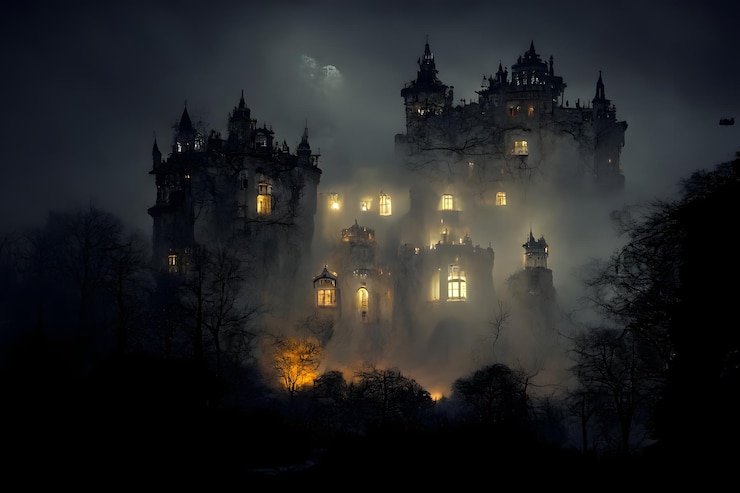 Foto grande castelo assombrado com muitas janelas iluminadas na arte gerada pela rede neural da noite escura e enevoada assustadora do dia das bruxas
