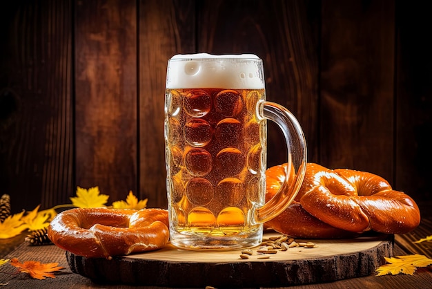 Grande cerveja estilo oktoberfest com um pretzel contra um fundo de madeira rústica