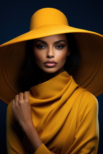 grande chapéu amarelo indiano com aba grande atraente, um modelo de design de moda moderno
