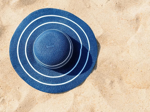 Grande chapéu de palha azul no espaço de cópia de areia Conceito de férias na praia