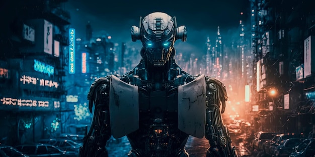 Grande cidade com tecnologia altamente desenvolvida onde os robôs substituíram as pessoas em todos os níveis Generative AI