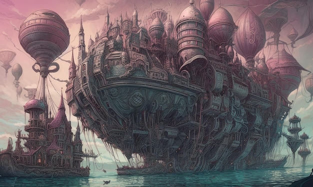 grande cidade flutuante steampunk ghostpunk dieselpunk fantasia ilustração cartaz jogo livro de design de arte