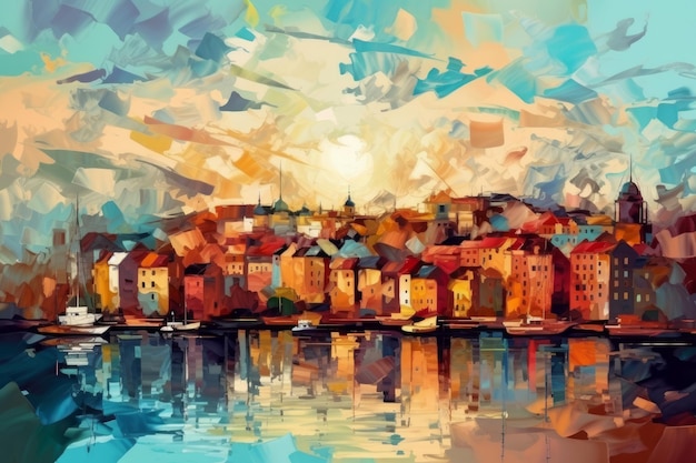 Grande cidade no estilo da pintura impressionista Ilustração AI Generative