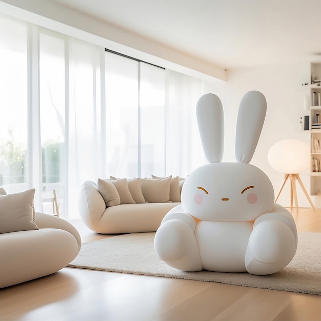 Grande coelho de brinquedo branco sentado na sala de luz com janelas coelho branco de pelúcia em uma sala moderna