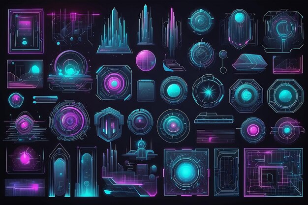 Grande coleção de elementos retrô futuristas para design Conjunto abstrato de quadros formas 3d wireframe