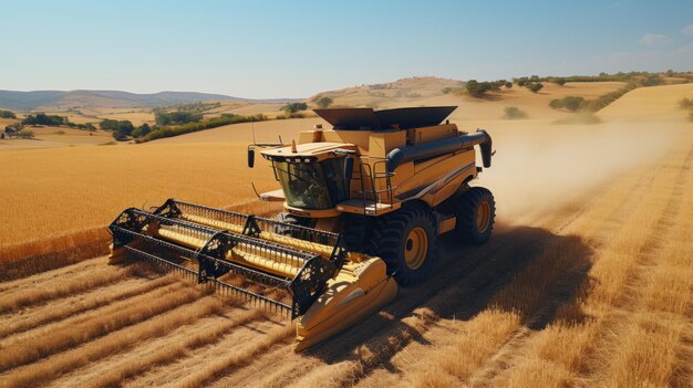 Grande colheitadeira amarela trabalhando no campo de trigo Generative AI