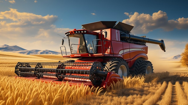 Grande colheitadeira trabalhando na máquina agrícola de campo no céu azul