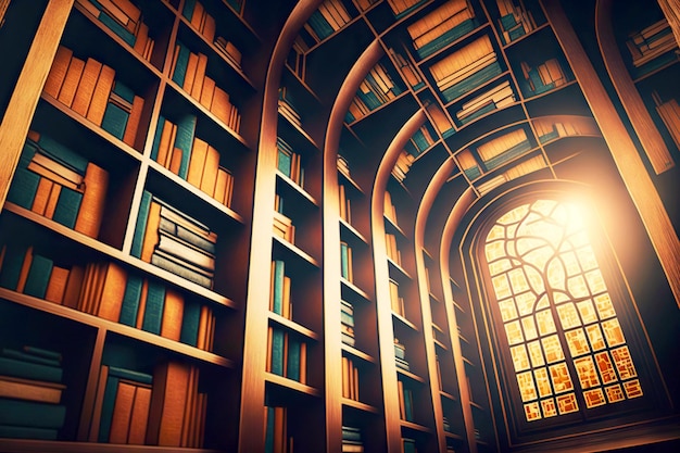 Grande conceito de biblioteca antiga com estantes altas criadas com generative ai