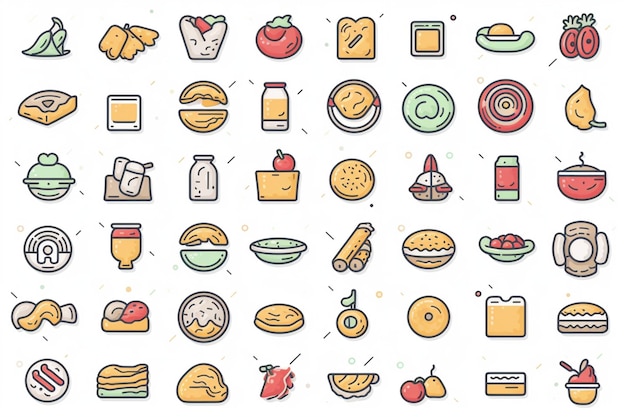 Grande conjunto de 20 ícones coloridos de linha fina para alimentos, carne, leite, frutos do mar, sopa de macarrão, pão, ovo, cak