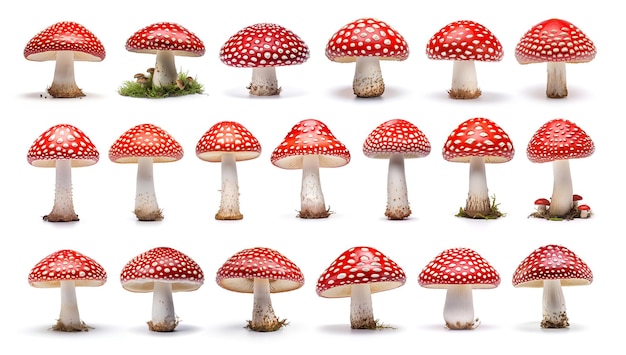 Grande conjunto de belos agáricos contra mosca isolados em fundo branco Amanita muscaria