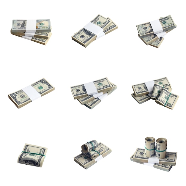 Grande conjunto de pacotes de notas de dólar americano isoladas em branco Colagem com muitos pacotes de dinheiro americano com alta resolução em fundo branco perfeito