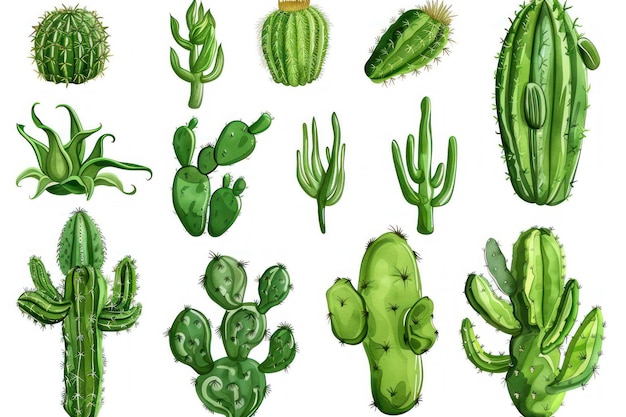 grande conjunto de plantas de cactos coloridos