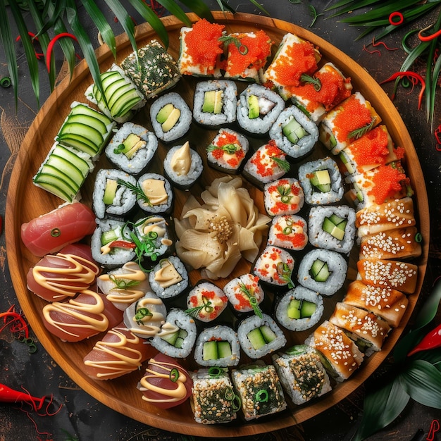 Grande conjunto de sushi rolos de frutos do mar coleção de comida asiática rolos variados e nigiri susi japonês maki sushi