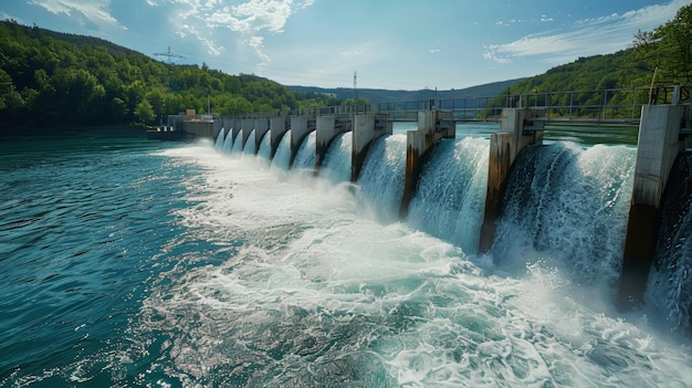 Foto grande corpo de água cercado por uma barragem