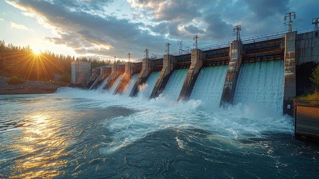 Foto grande corpo de água cercado por uma barragem