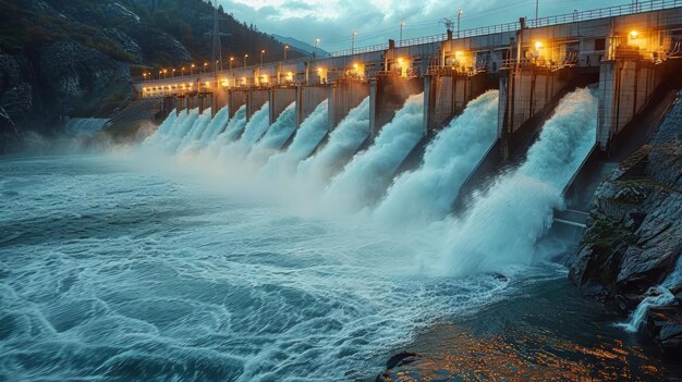 Foto grande corpo de água cercado por uma barragem