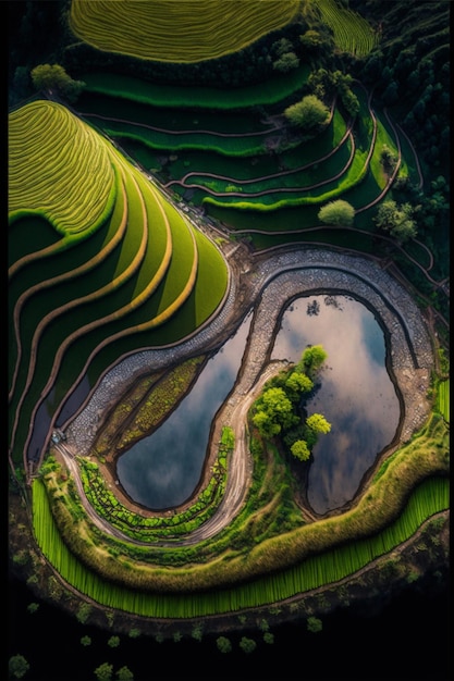 Grande corpo de água sentado em cima de uma exuberante encosta verde generativa ai