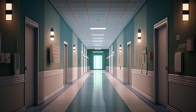 Grande corredor leve do hospital com salas 3D e bancos AI Generative