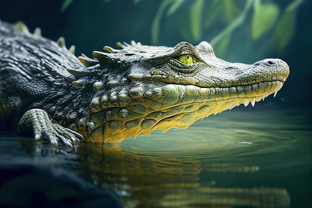 Grande crocodilo jacaré jacaré com olhos verdes na água no contexto de plantas tropicais Generative AI