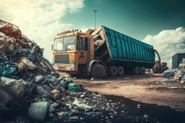 Foto grande depósito industrial espaçoso com caminhões de lixo transbordando