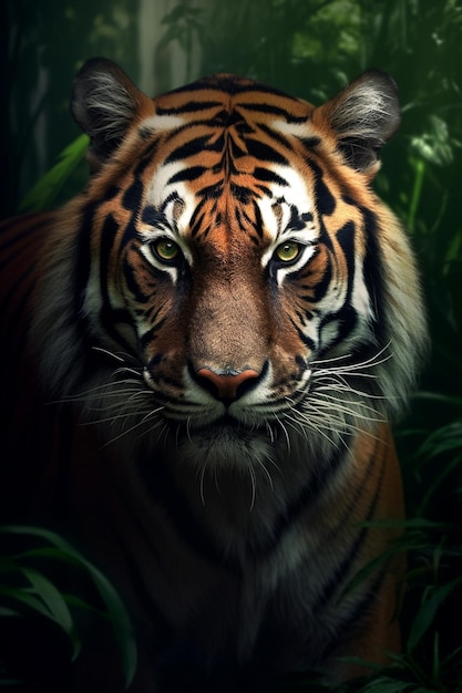 Foto grande detalhe do rosto do tigre africano masculino em foco com grande ilustração detalhada