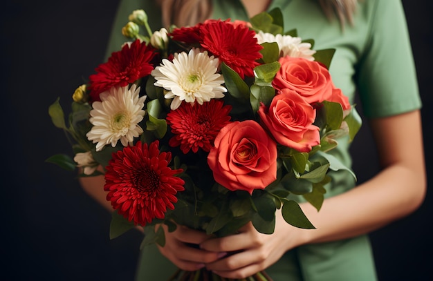 Grande e lindo buquê de flores vermelhas e brancas de perto em mãos de mulher em fundo verde Data Dia dos Namorados ou outro feriado ou conceito de evento Gerado ai