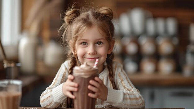 Grande espaço de cópia com uma menina bonita segurando um copo de chocolate no restaurante AI geradora