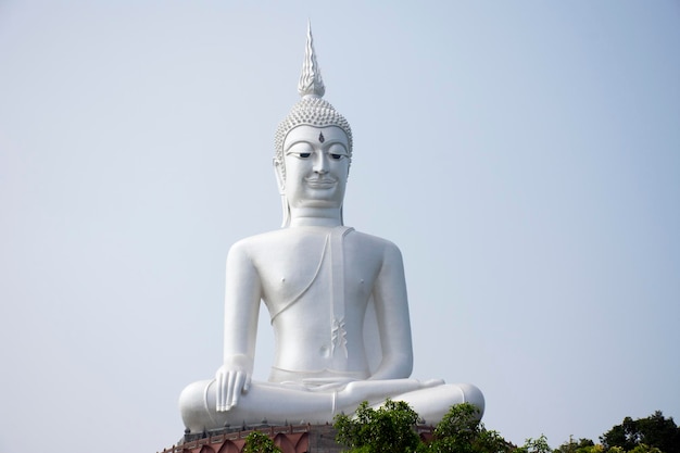 Grande estátua de buda branca na montanha em Wat Roi Phra Phutthabat Phu Manorom para tailandeses e viajantes estrangeiros visitam e respeitam rezando no Parque Nacional Mukdahan em Mukdahan Tailândia