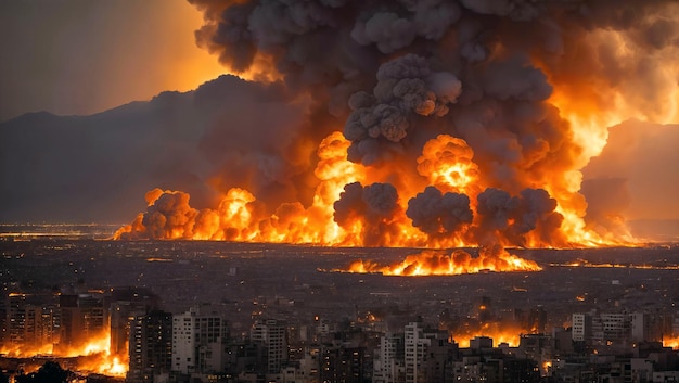 Foto grande explosão na cidade grande incêndio no fundo da cidade guerra